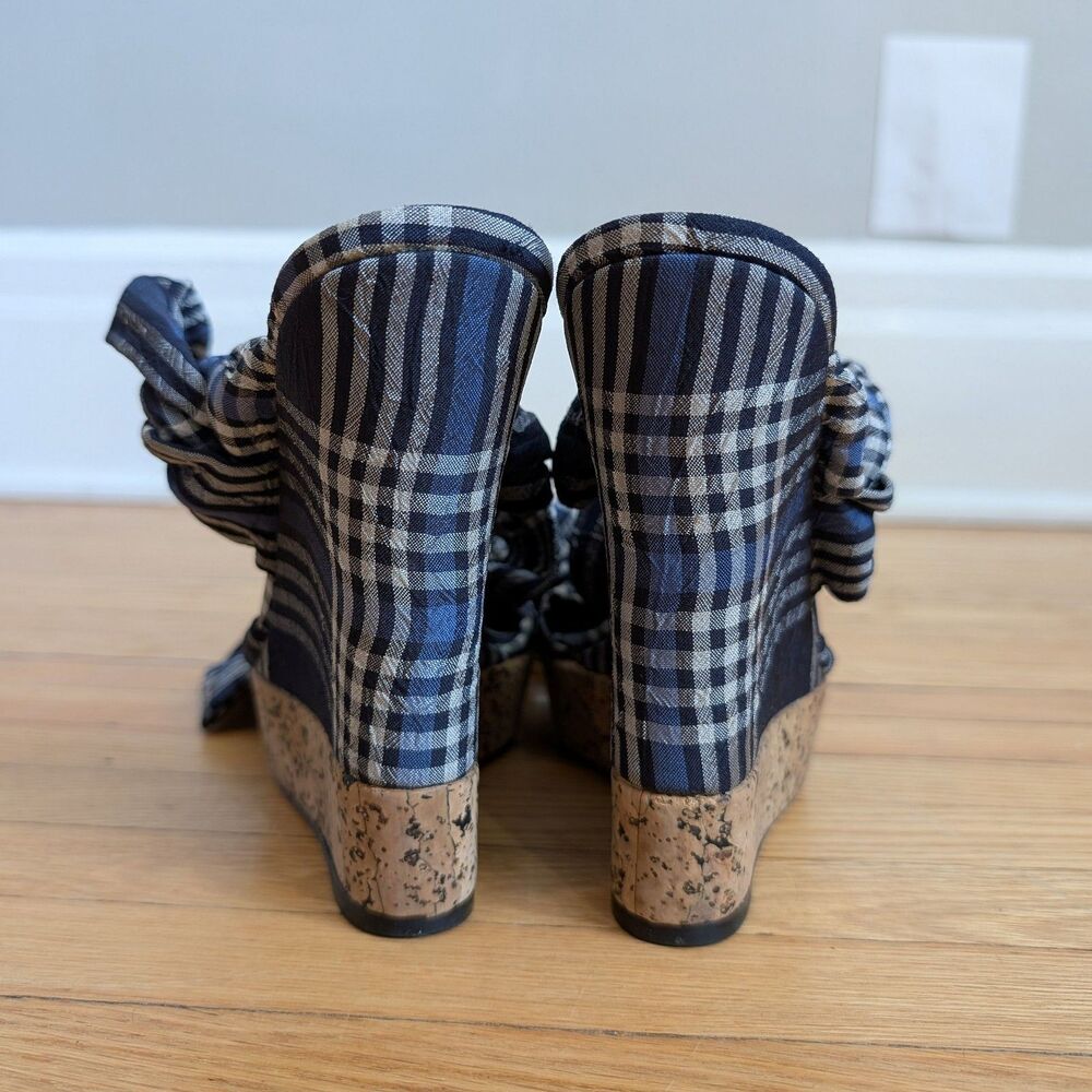 Donna Karan Cork Platform Sandal Madras Wedge Plaid Embossed Logo Designer 8.5 - Picture 5 of 12